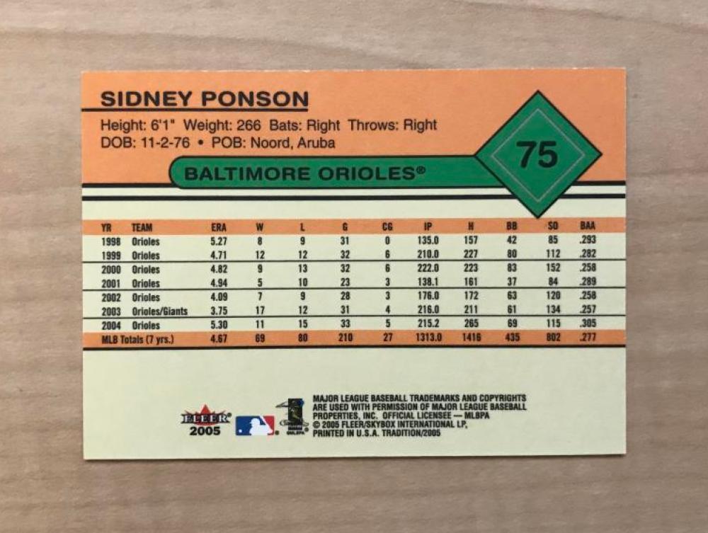 SIDNEY PONSON BALTIMORE ORIOLES SIGNED AUTOGRAPHED 2005 FLEER CARD #75 W/COA 
