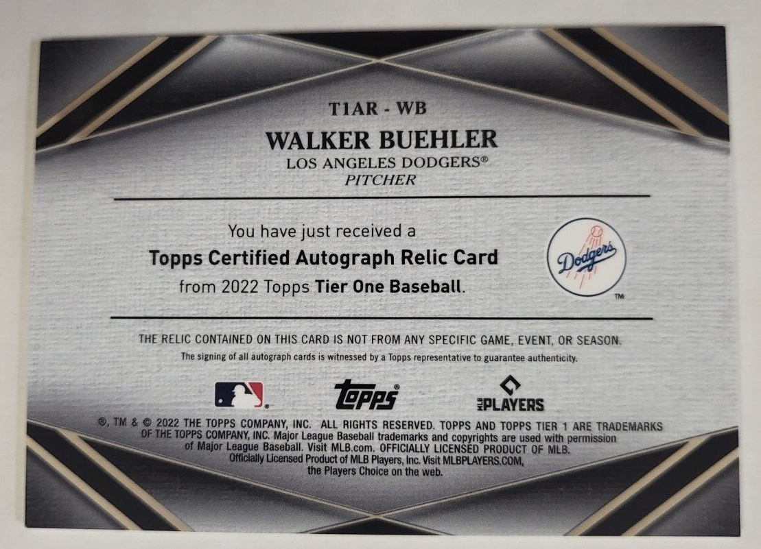 2022 TOPPS TIER ONE WALKER BUEHLER RELIC AUTO CARD /99