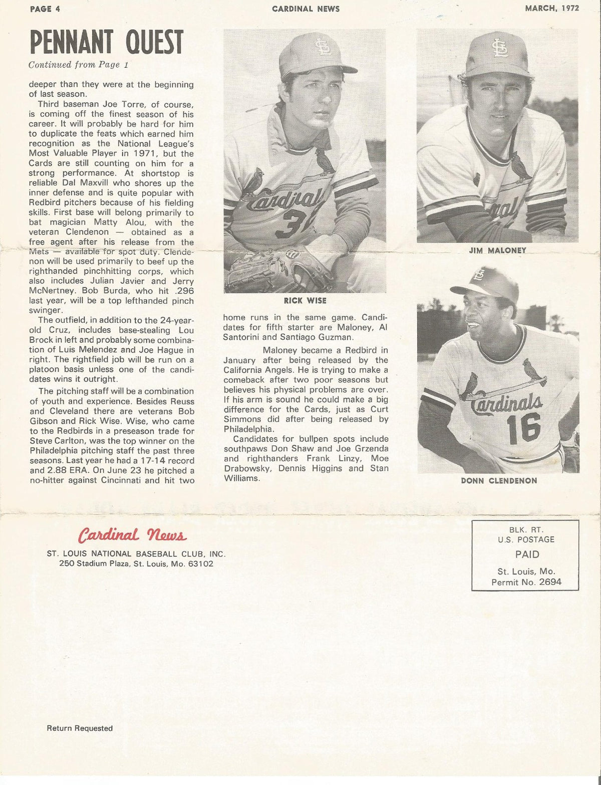 ST LOUIS CARDINALS MLB 1972 78TH EDITION MARCH CARDINALS NEWS 