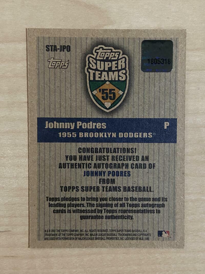 JOHNNY PODRES BROOKLYN DODGERS SIGNED AUTOGRAPHED 2002 TOPPS CARD #STA-JPO