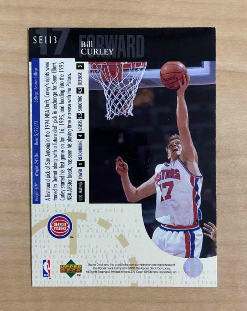 BILL CURLEY DETROIT PISTONS SIGNED AUTOGRAPHED 95-96 UPPER DECK CARD #113 W/COA