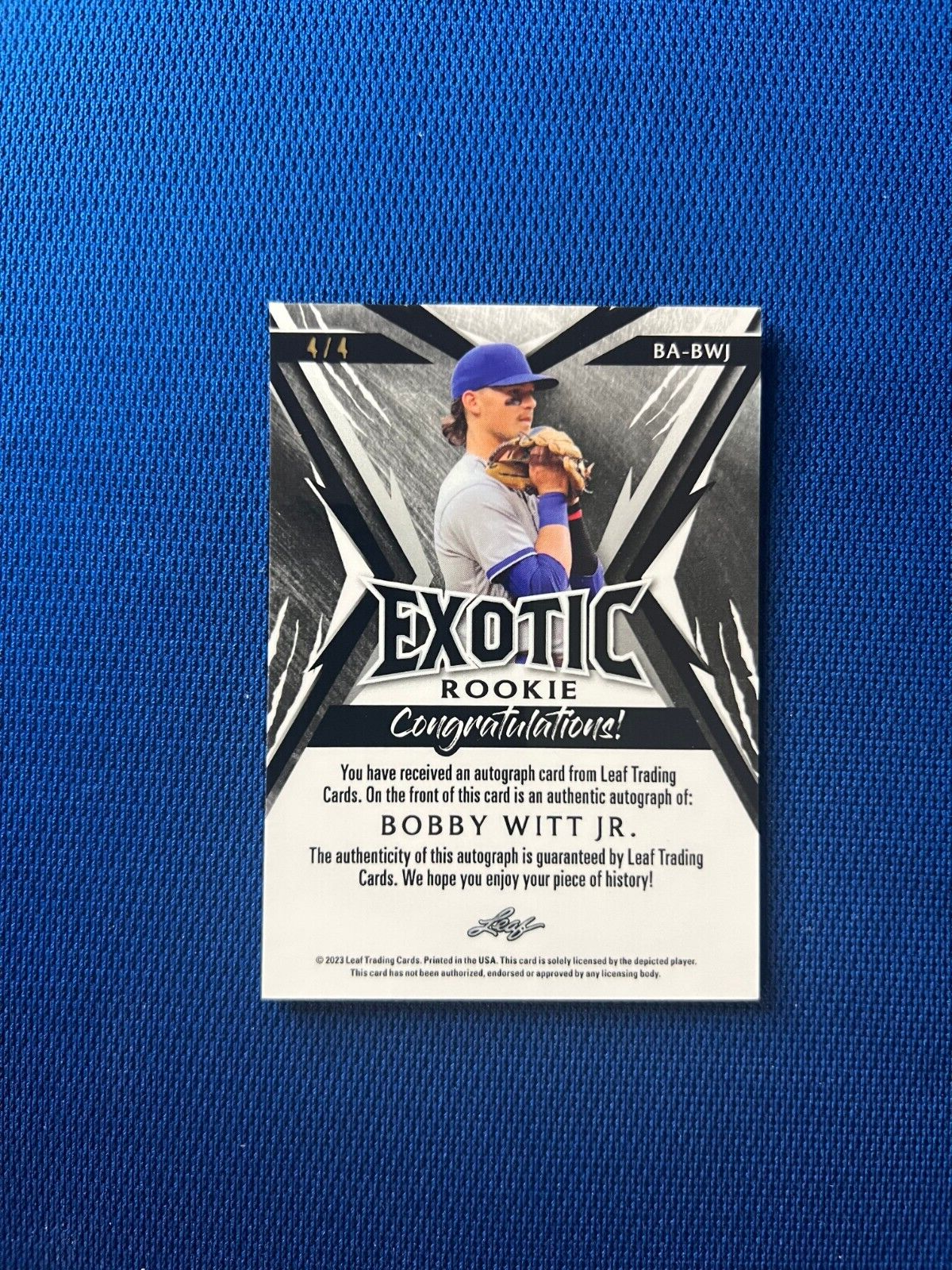 2023 LEAF EXOTIC BOBBY WITT JR KC ROYALS RC ROOKIE AUTO SIGNED PRIZM 4/4 #BA-BWJ
