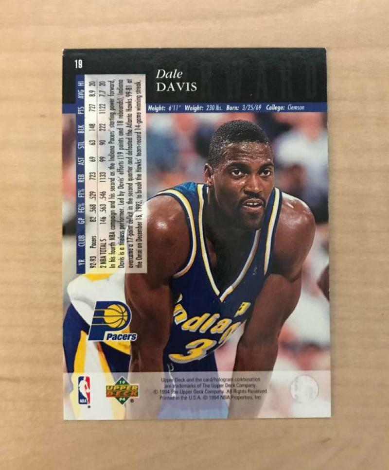 DALE DAVIS INDIANA PACERS SIGNED AUTOGRAPHED 93-94 UPPER DECK CARD #19 W/COA