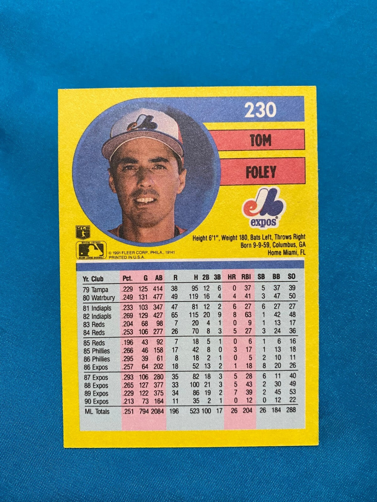1991 FLEER TOM FOLEY MONTREAL EXPOS AUTOGRAPHED SIGNED CARD #230 W/COA