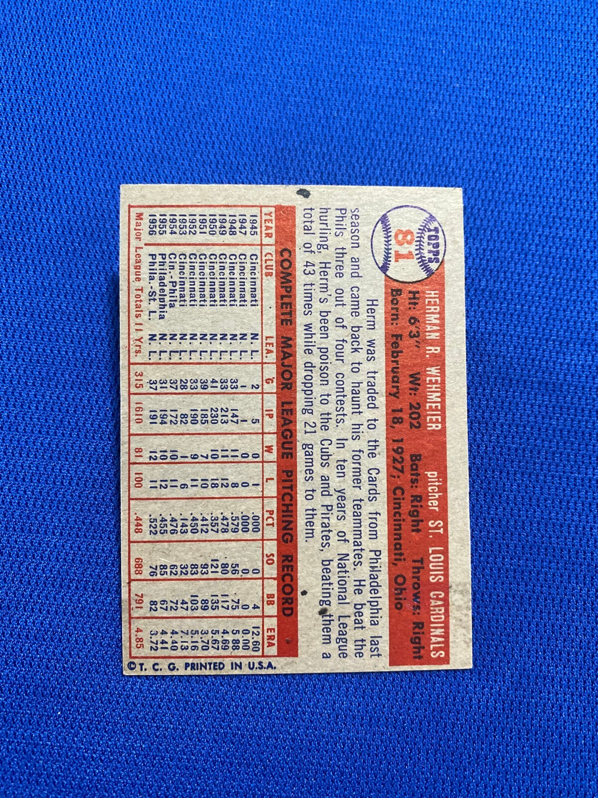 1957 TOPPS HERM WEHMEIER ST. LOUIS CARDINALS #81 CARD VINTAGE SET-BREAK