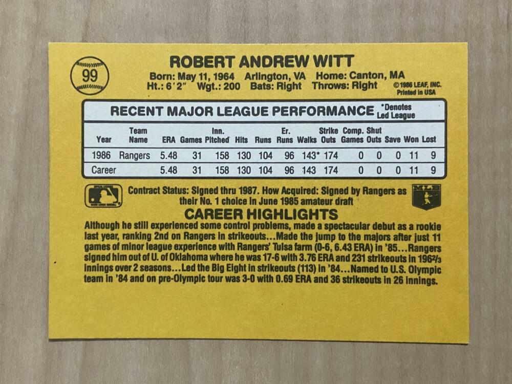 BOBBY WITT TEXAS RANGERS SIGNED AUTOGRAPHED 1987 DONRUSS CARD #99 W/COA