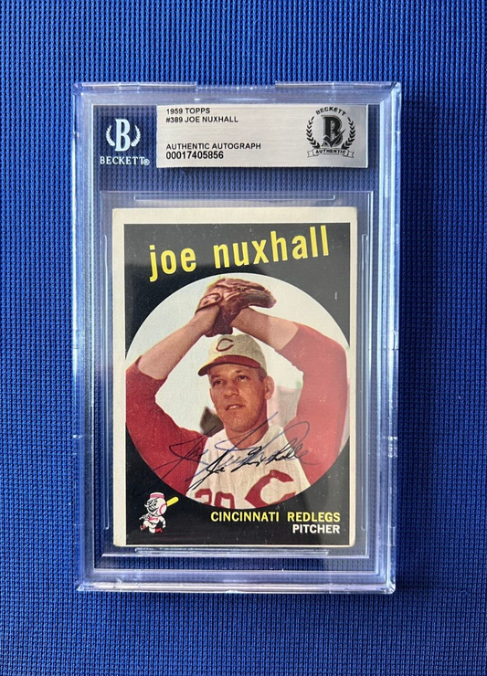1959 TOPPS JOE NUXHALL CINCINNATI REDS SIGNED AUTOGRAPHED #389 CARD BECKETT