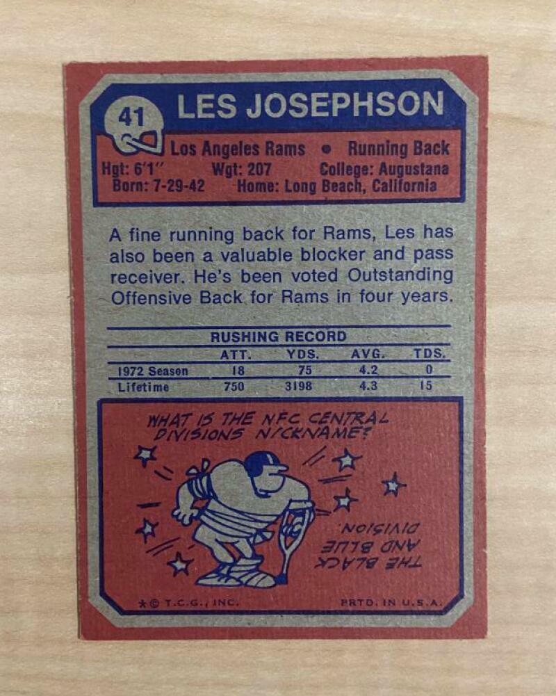 LES JOSEPHSON LOS ANGELES RAMS SIGNED AUTOGRAPHED 1973 TOPPS CARD #41 W/COA