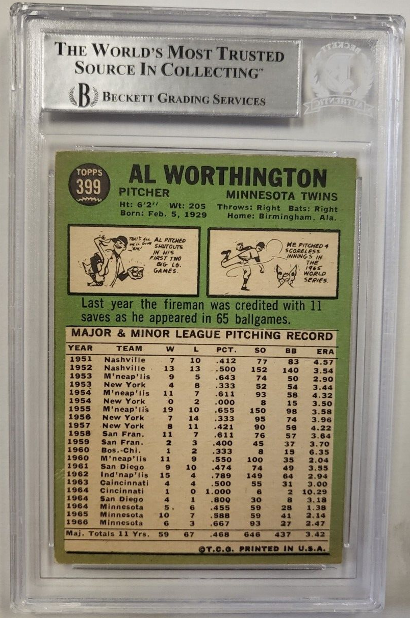 1967 TOPPS AL WORTHINGTON #399 TWINS AUTHENTIC AUTO CERTIFIED BECKETT CARD