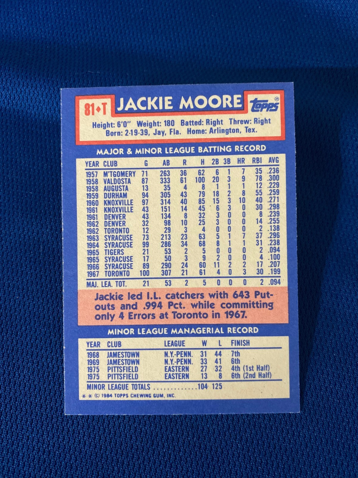 1984 TOPPS TRADED JACKIE MOORE A'S MANAGER AUTOGRAPHED SIGNED CARD #81T W/COA