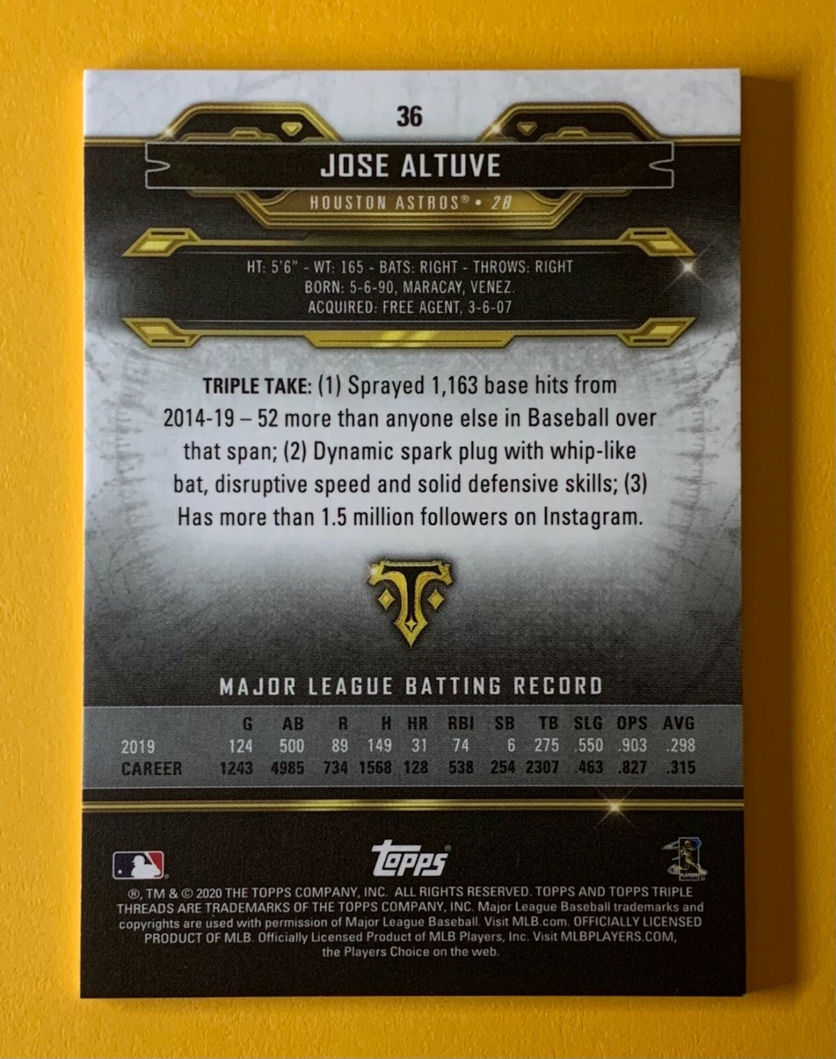 2020 TOPPS TRIPLE THREADS JOSE ALTUVE GOLD BASE PARALLEL /99 #36 ASTROS 