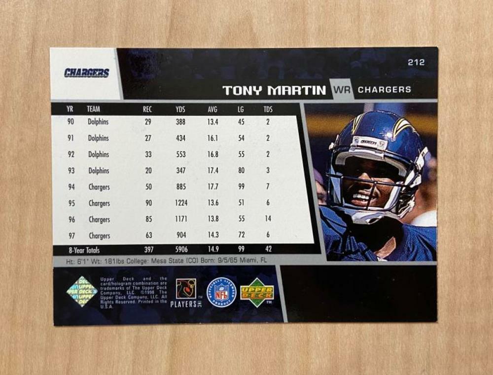 TONY MARTIN SAN DIEGO CHARGERS SIGNED AUTOGRAPHED 1998 UPPER DECK CARD#212 W/COA