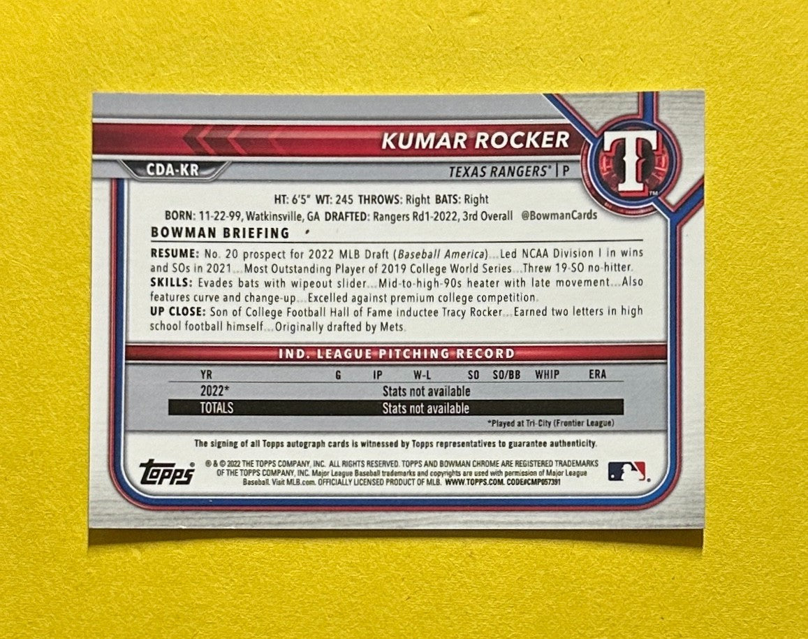 2022 BOWMAN CHROME KUMAR ROCKER AUTOGRAPH #CDA-KR RANGERS 1ST BOWMAN