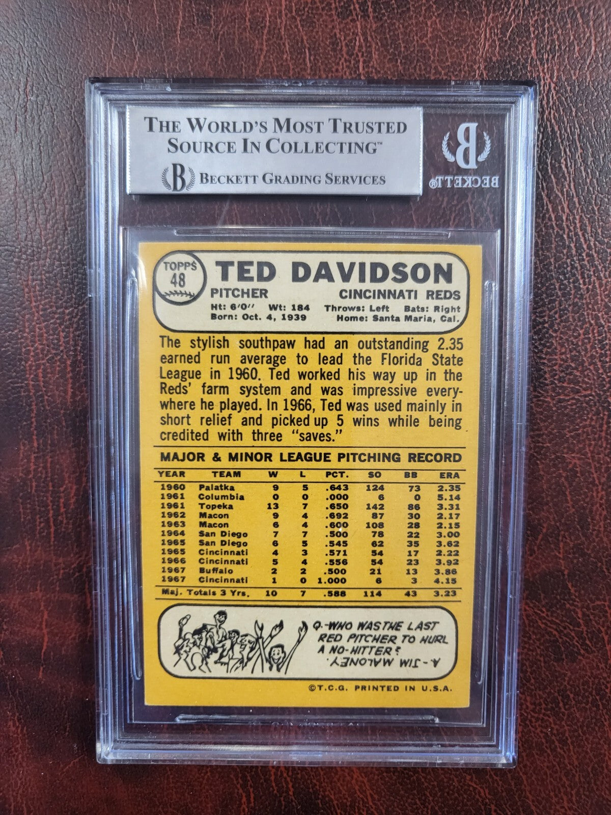 1968 TOPPS TED DAVIDSON REDS SIGNED AUTOGRAPH #48 CARD BECKETT AUTHENTIC