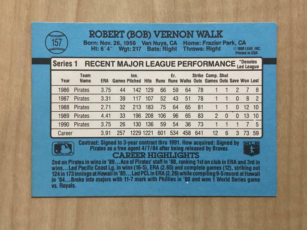 BOB WALK PITTSBURGH PIRATES SIGNED 1991 DONRUSS SERIES 1 CARD #157 W/COA