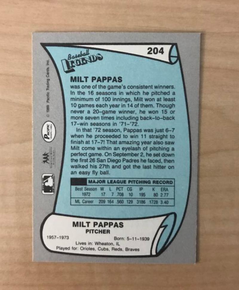 MILT PAPPAS ATLANTA BRAVES SIGNED DECEASED 1989 PACIFIC CARD #204 W/COA