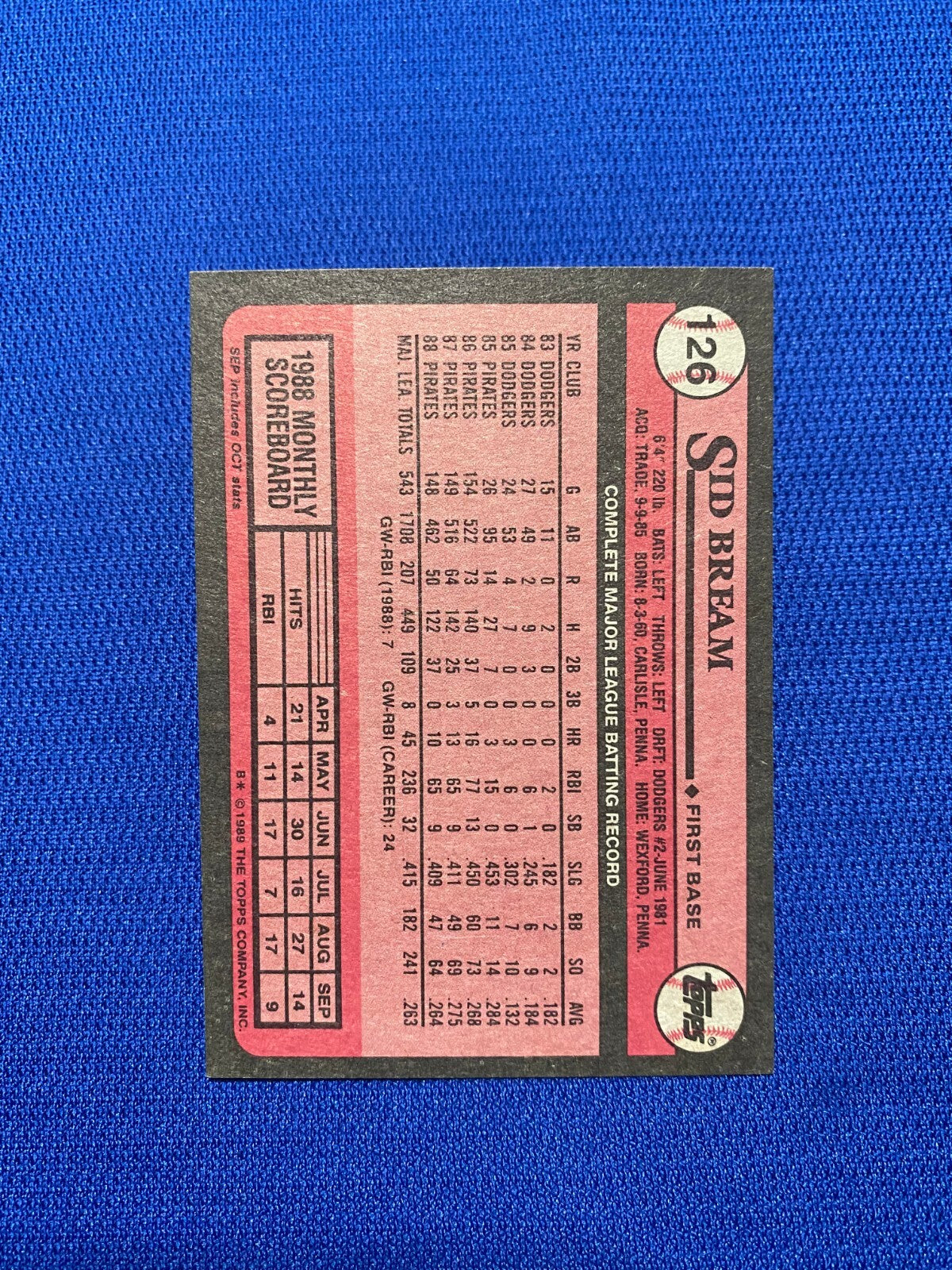 1989 TOPPS SID BREAM PITTSBURGH PIRATES SIGNED AUTOGRAPHED #126 CARD W/COA