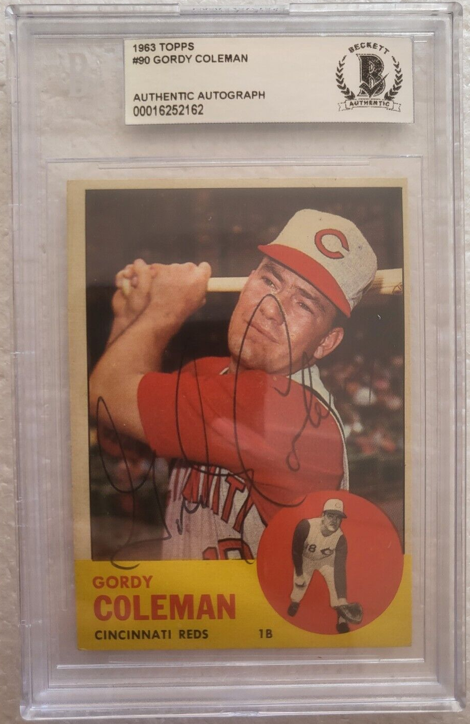 1963 TOPPS GORDY COLEMAN CINCINNATI REDS SIGNED AUTOGRAPHED #90 CARD BECKETT