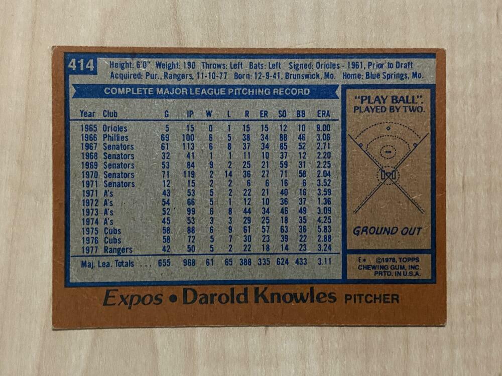 DAROLD KNOWLES MONTREAL EXPOS SIGNED AUTOGRAPHED 1978 TOPPS CARD #414 W/COA