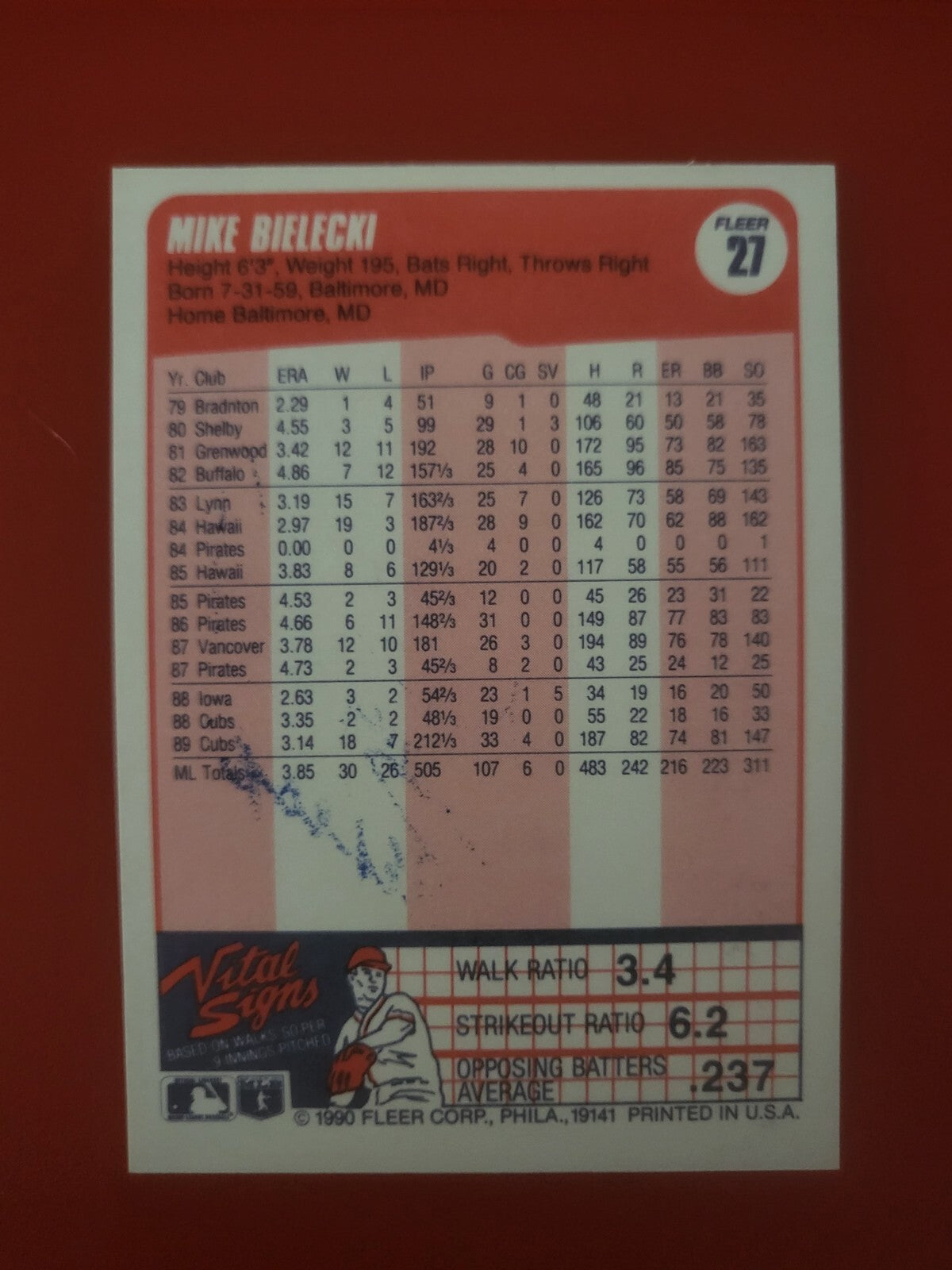 1990 FLEER MIKE BIELECKI CHICAGO CUBS SIGNED AUTOGRAPHED CARD #27 W/COA
