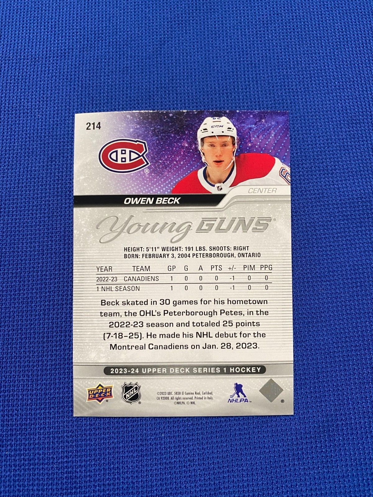 2023-24 UPPER DECK OWEN BECK MONTREAL CANADIENS YOUNG GUNS ROOKIE #214 SERIES 1