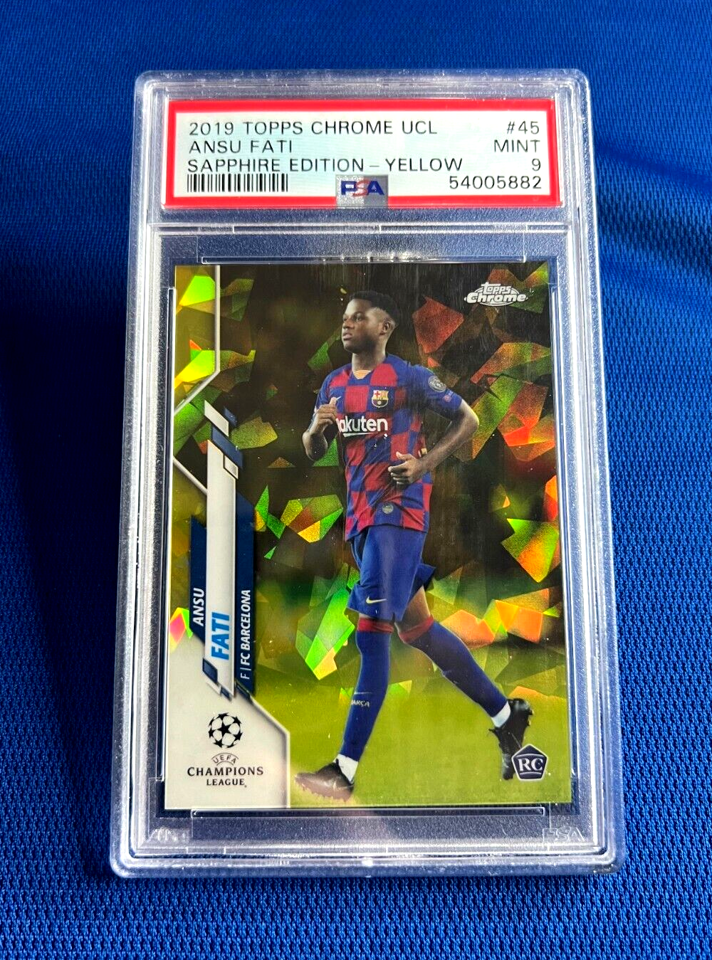 2019 TOPPS CHROME UCL ANSU FATI SAPPHIRE EDITION YELLOW #45 CARD /99 PSA 9 MINT