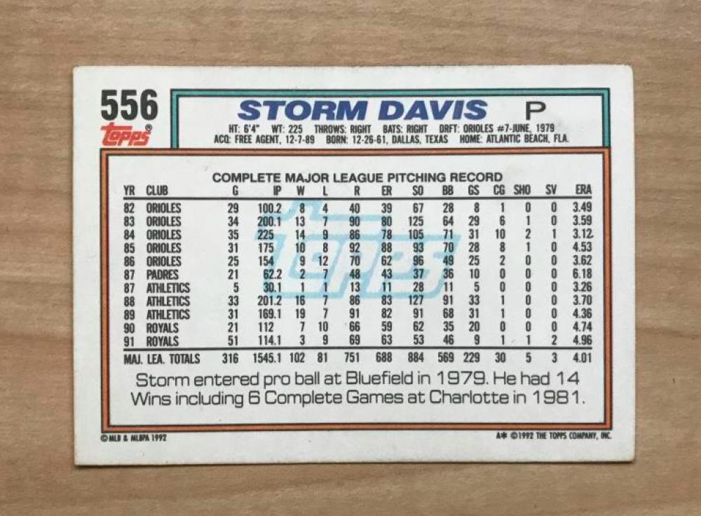 STORM DAVIS KANSAS CITY ROYALS SIGNED AUTOGRAPHED 1992 TOPPS CARD #556 W/COA 