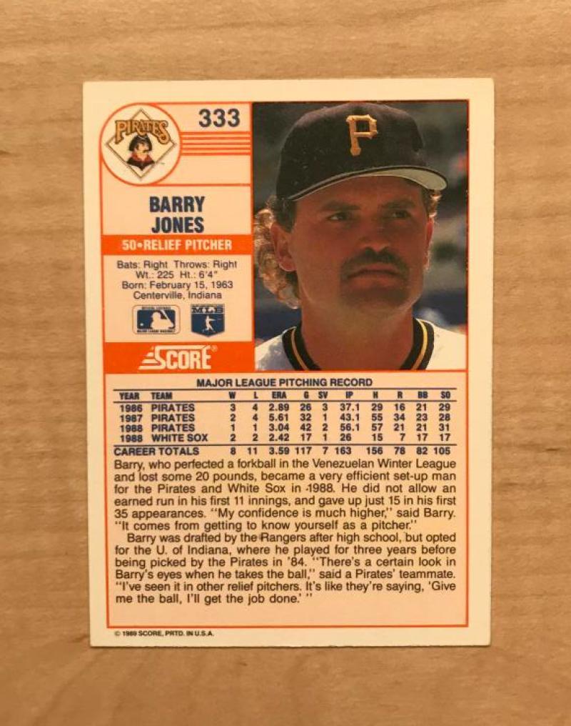 BARRY JONES PITTSBURGH PIRATES SIGNED AUTOGRAPHED 1989 SCORE CARD #333 W/COA