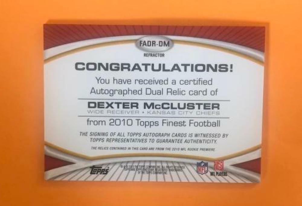 2010 TOPPS FINEST DEXTER MCCLUSTER CHIEFS AUTOGRAPHED DUAL RELIC 27/50