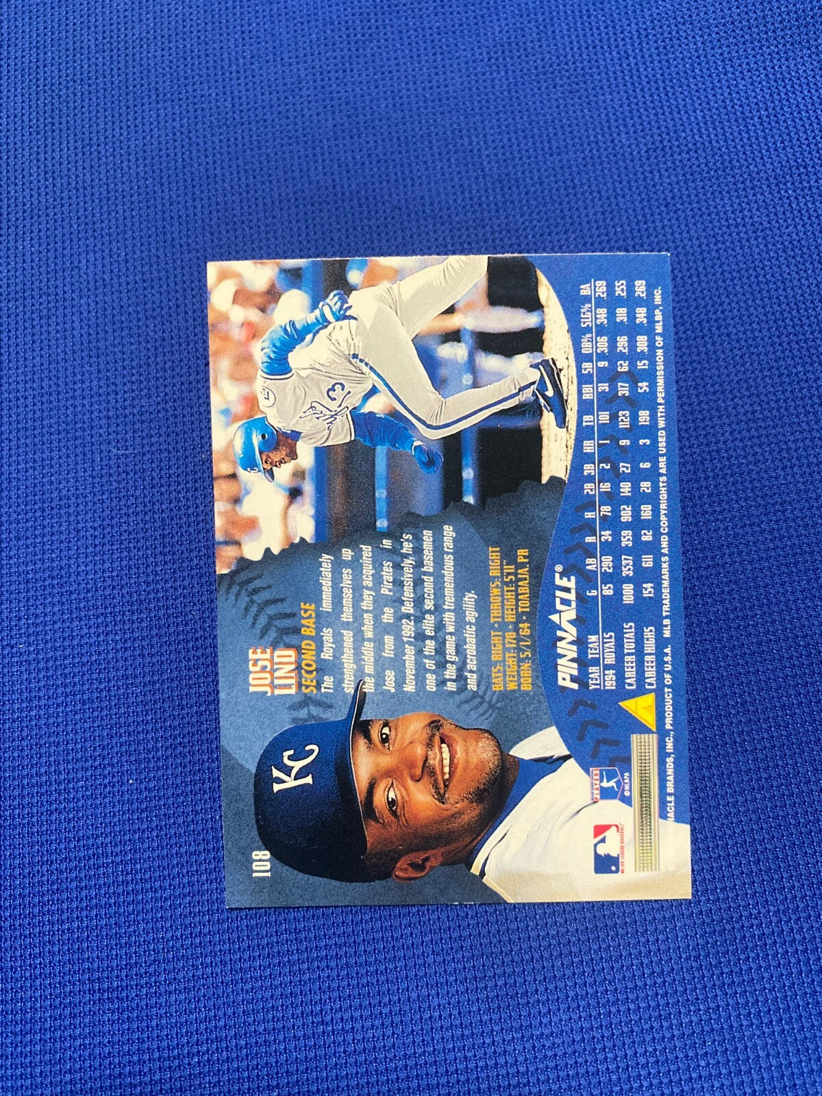 1995 PINNACLE JOSE LIND KC KANSAS CITY ROYALS  SIGNED AUTOGRAPH CARD #108 COA
