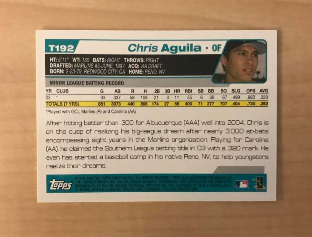 CHRIS AGUILA FLORIDA MARLINS SIGNED AUTOGRAPHED 2004 TOPPS CARD #T192 W/COA
