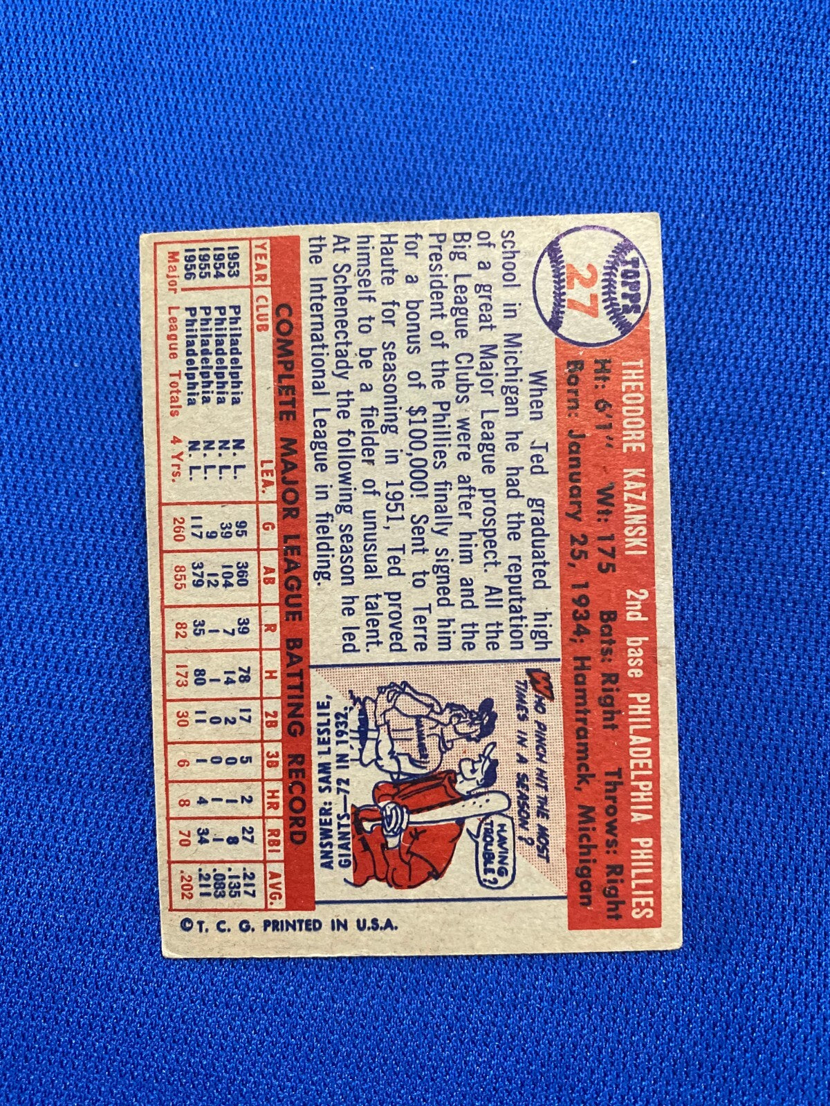 1957 TOPPS TED KAZANSKI PHILADELPHIA PHILLIES #27 CARD VINTAGE SET-BREAK