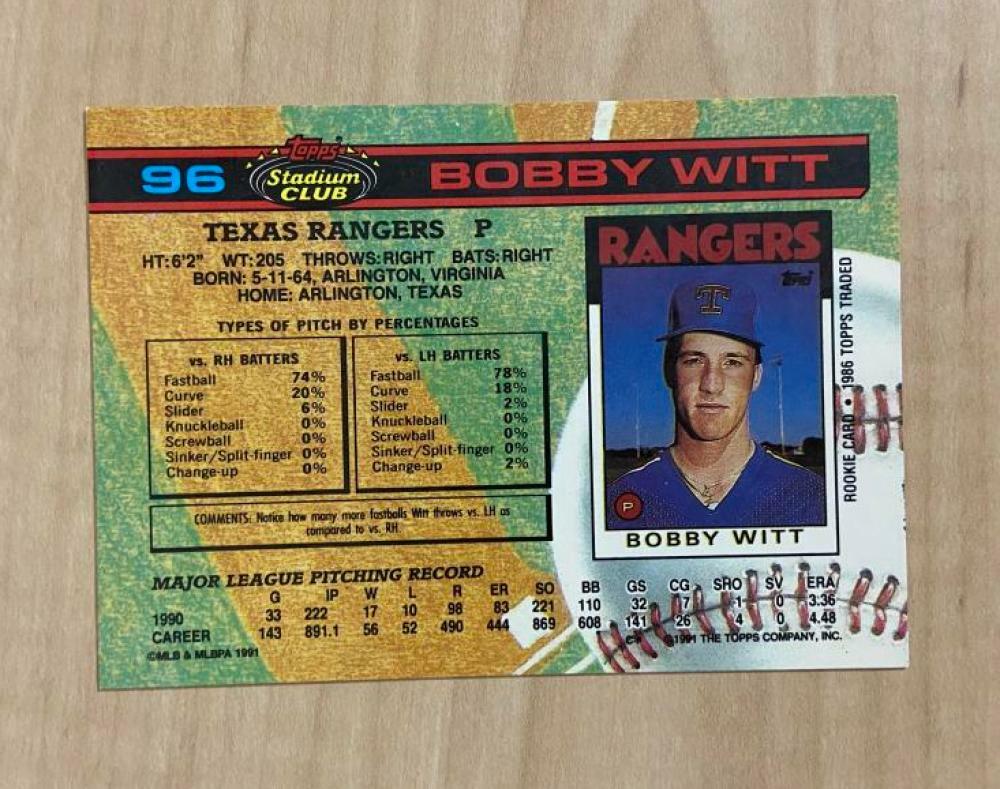 BOBBY WITT TEXAS RANGERS SIGNED 1991 TOPPS STADIUM CLUB CARD #96 W/COA