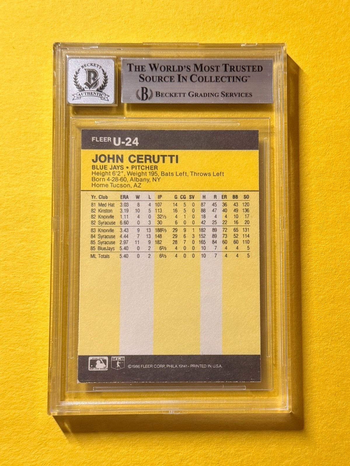 1986 FLEER UPDATE JOHN CERUTTI XRC #U24 SIGNED AUTO CARD BECKETT 10 AUTHENTIC