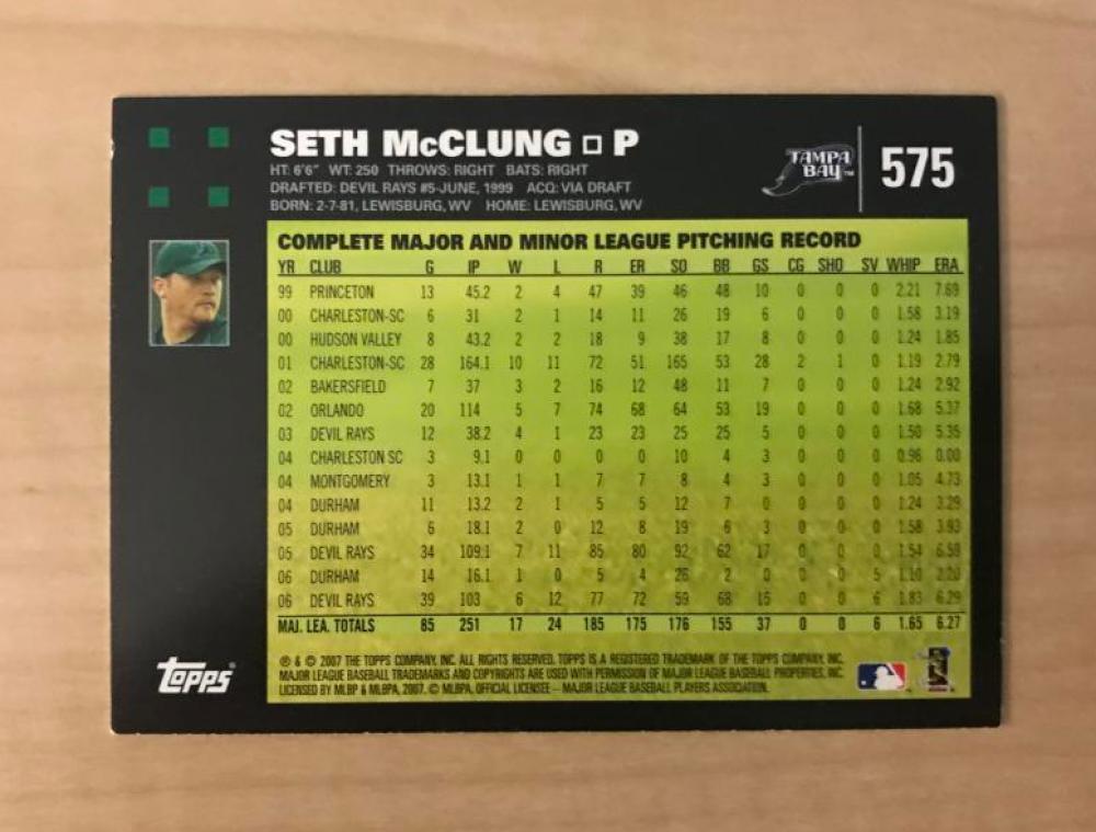 SETH MCCLUNG TAMPA BAY DEVIL RAYS SIGNED AUTOGRAPHED 2007 TOPPS CARD #575 W/COA
