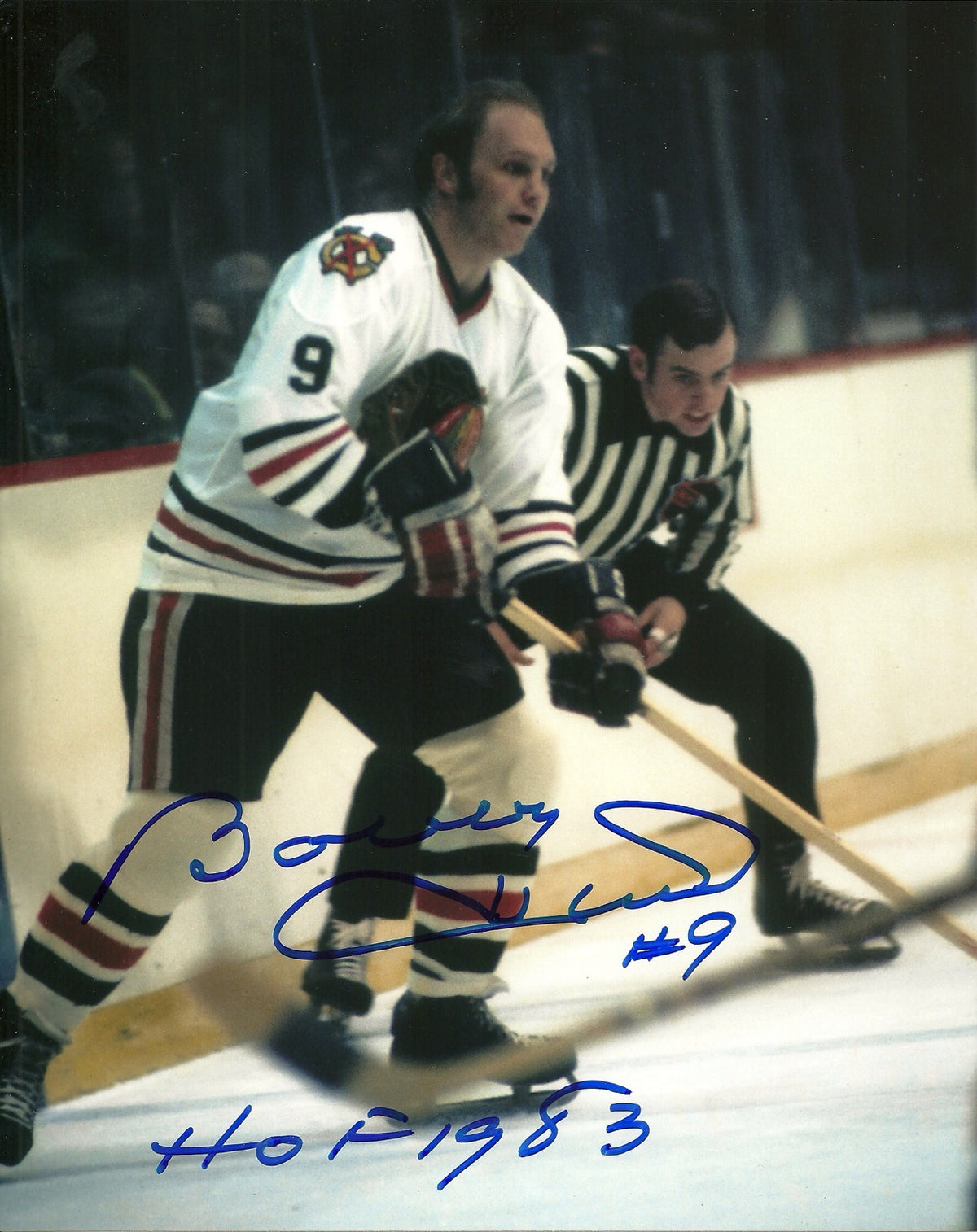 BOBBY HULL CHICAGO BLACKHAWKS SIGNED AUTO 8x10 PHOTO W/COA HOF 1983 ACTION 