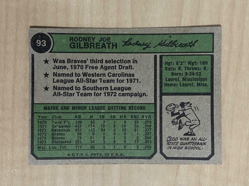 ROD GILBREATH ATLANTA BRAVES SIGNED AUTOGRAPHED 1974 TOPPS CARD #93 W/COA