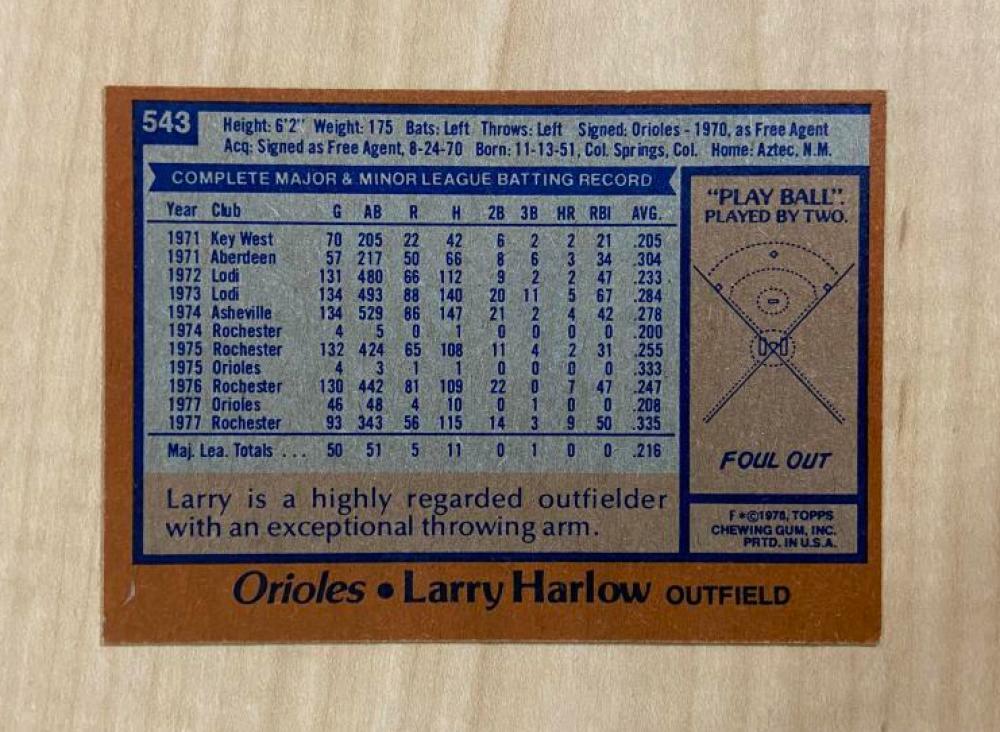 LARRY HARLOW BALTIMORE ORIOLES SIGNED AUTOGRAPHED 1978 TOPPS CARD #543 W/COA 