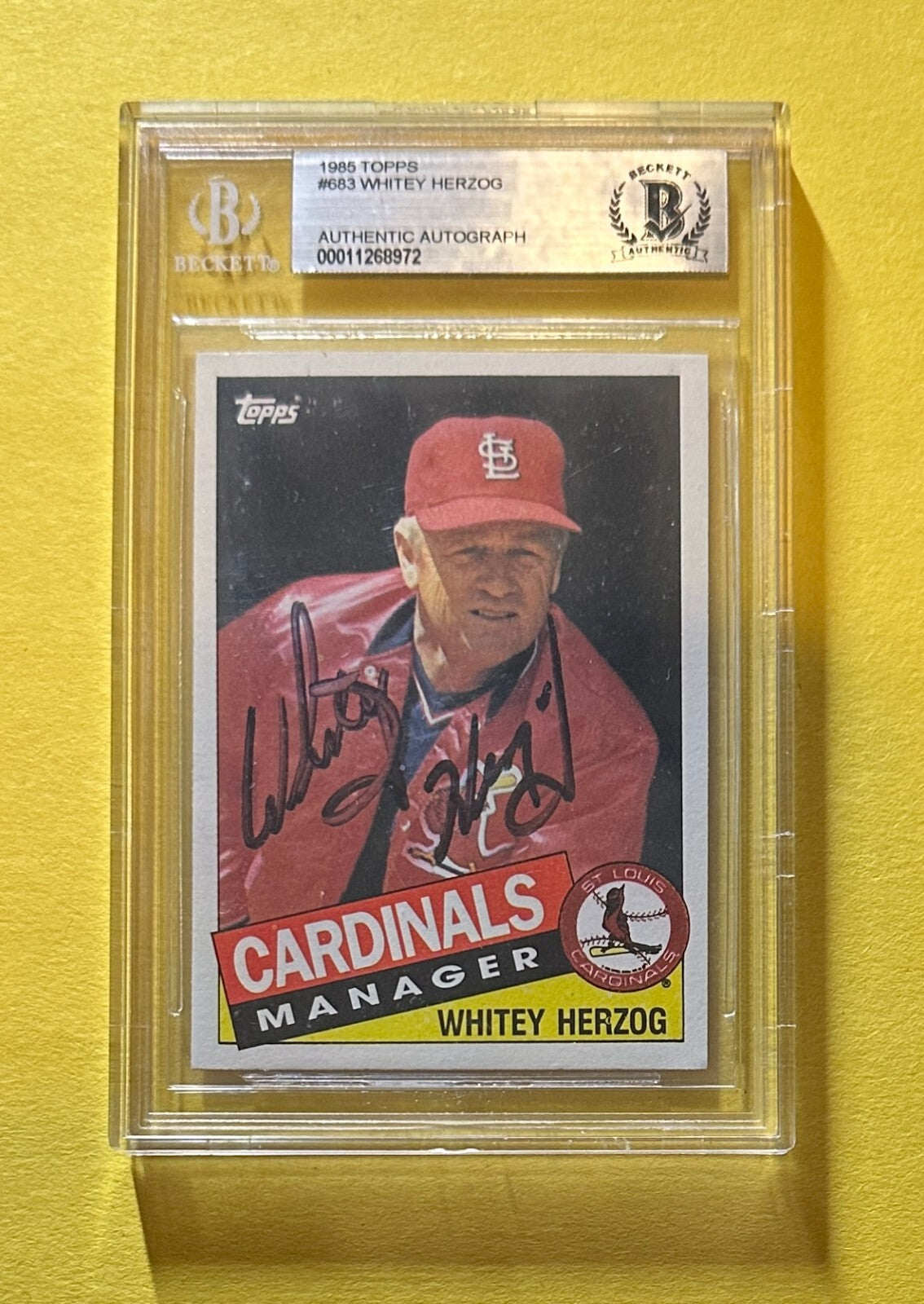 1985 TOPPS WHITEY HERZOG #683 MANAGER BECKETT CERTIFIED AUTHENTIC AUTOGRAPH