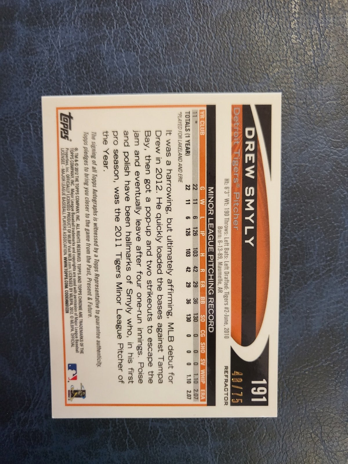 2012 TOPPS CHROME DREW SMYLY TIGERS RC REFRACTOR BASEBALL CARD /75