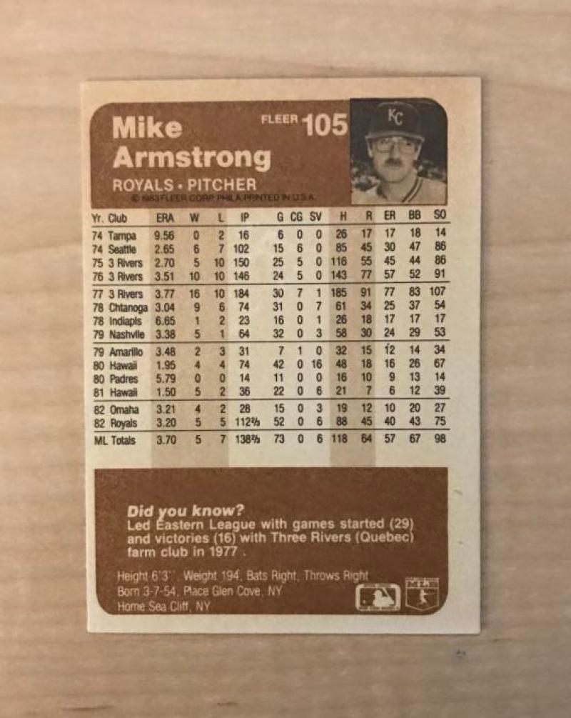MIKE ARMSTRONG KANSAS CITY ROYALS SIGNED AUTOGRAPHED 1983 FLEER CARD #105 W/COA