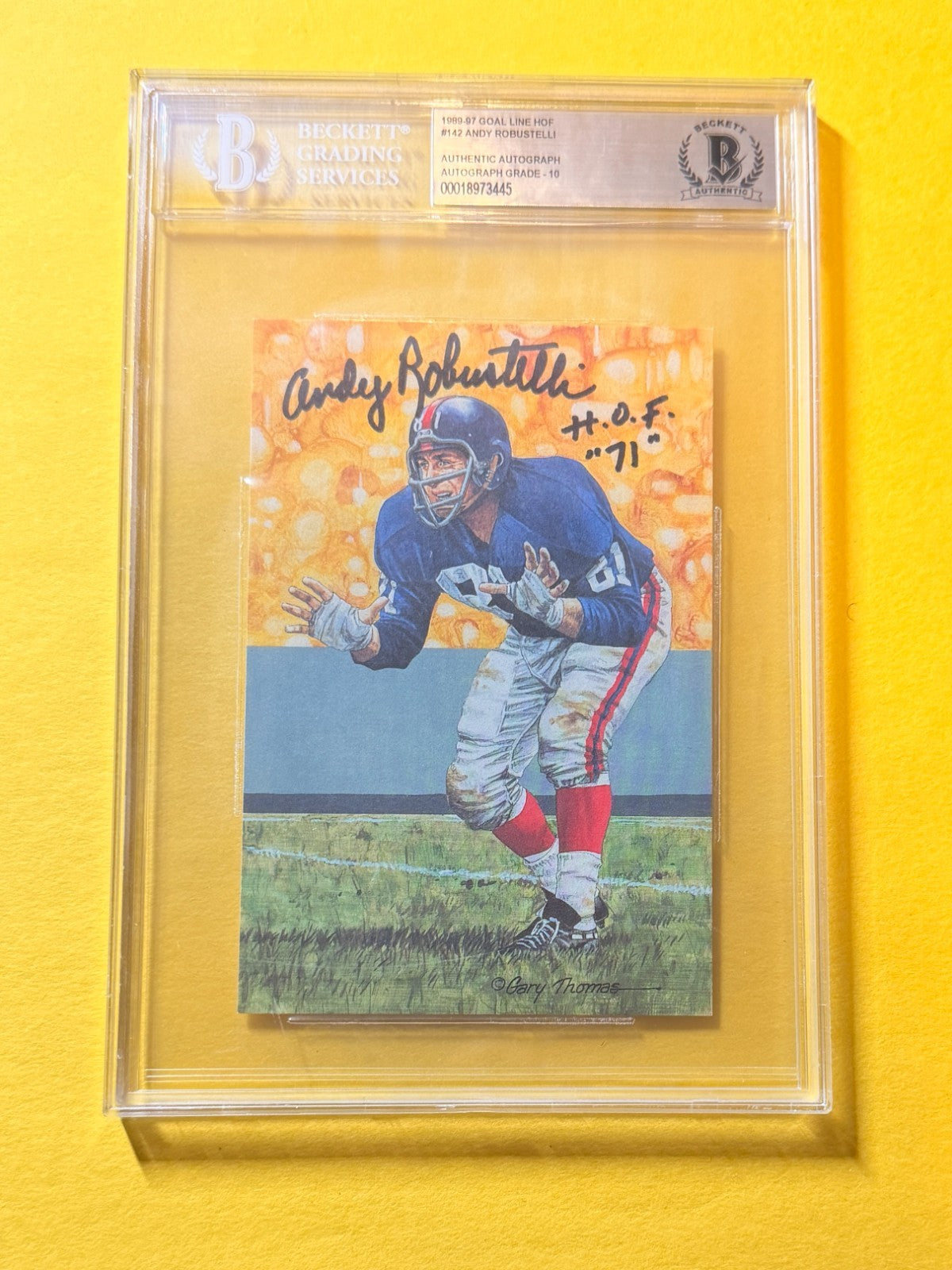1989 GOAL LINE HOF ANDY ROBUSTELLI #142 SIGNED ART BECKETT AUTHENTIC 10 "HOF 71"