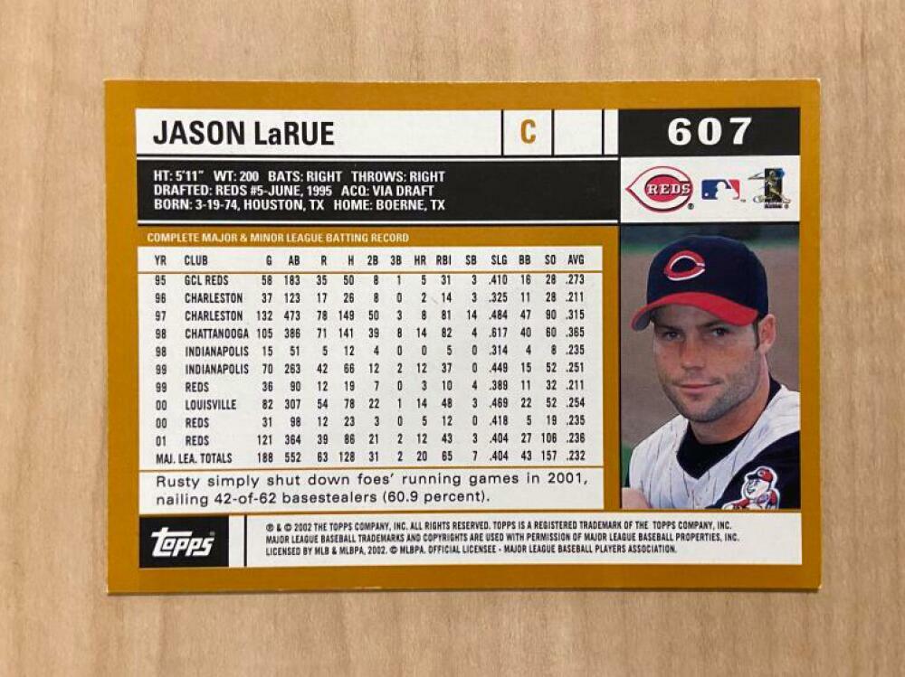 JASON LARUE CINCINNATI REDS SIGNED AUTOGRAPHED 2002 TOPPS CARD #607 W/COA
