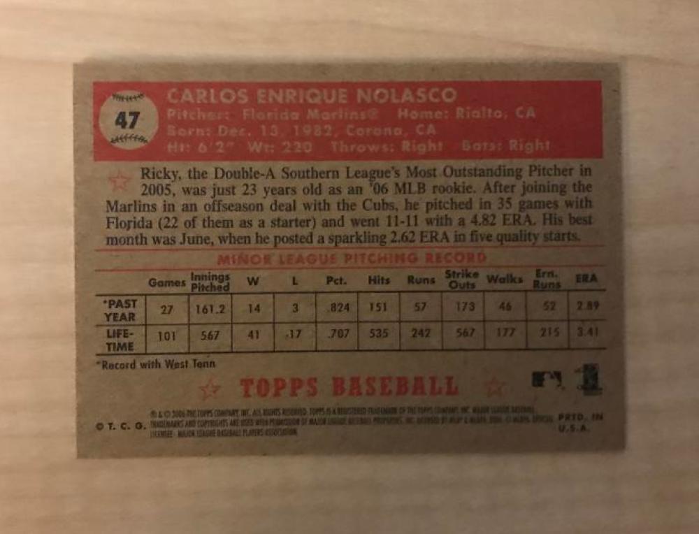 RICKY NOLASCO FLORIDA MARLINS SIGNED AUTOGRAPHED 2006 TOPPS CARD #47 W/COA