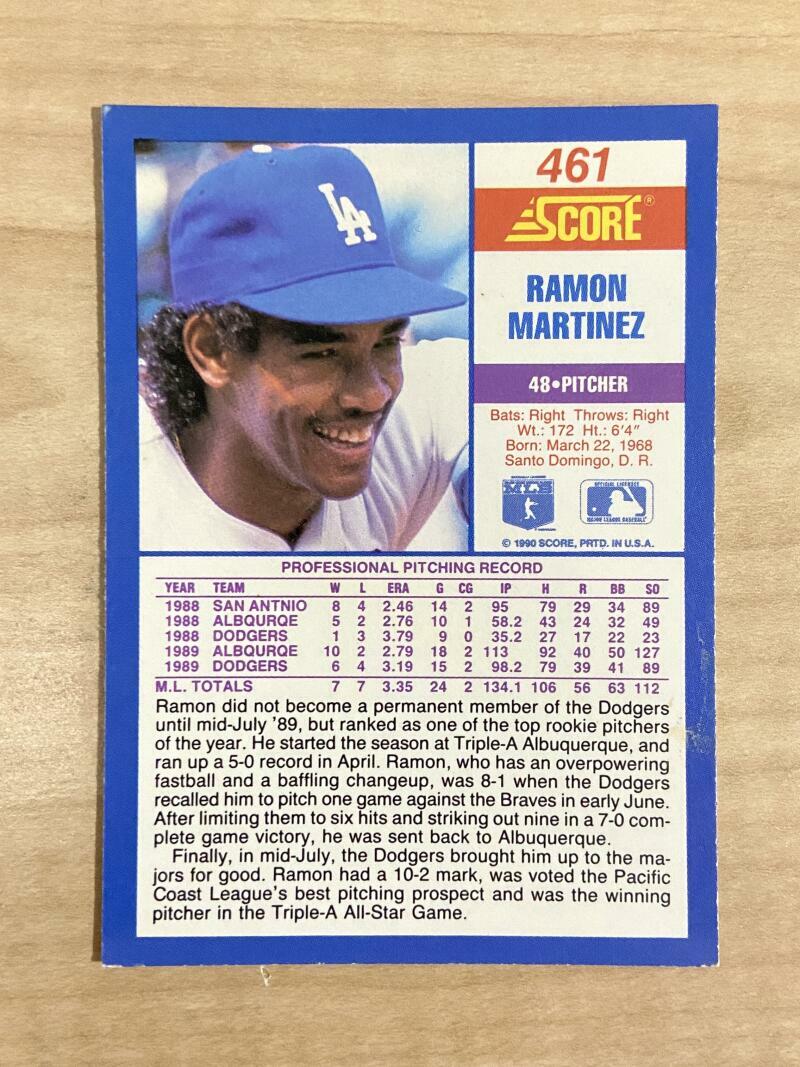 RAMON MARTINEZ LOS ANGELES DODGERS SIGNED AUTOGRAPHED 1990 SCORE CARD #461 W/COA