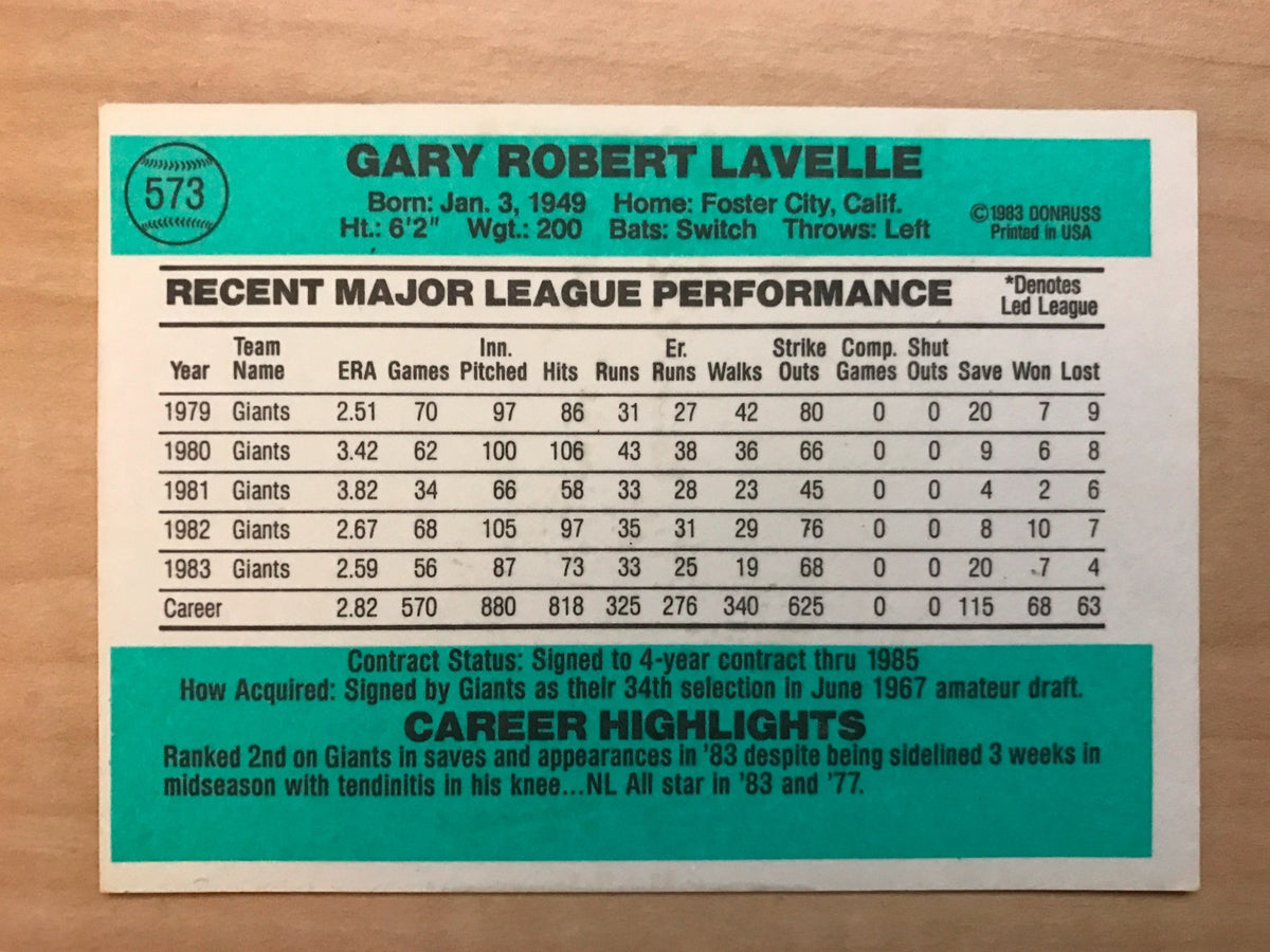 GARY LAVELLE SAN FRANCISCO GIANTS SIGNED AUTOGRAPHED 1984 DONRUSS #573 W/COA