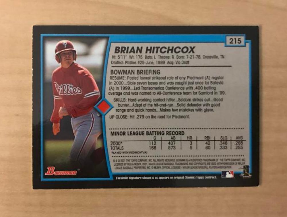 BRIAN HITCHCOX PHILADELPHIA PHILLIES SIGNED 2001 BOWMAN CARD #215 W/COA