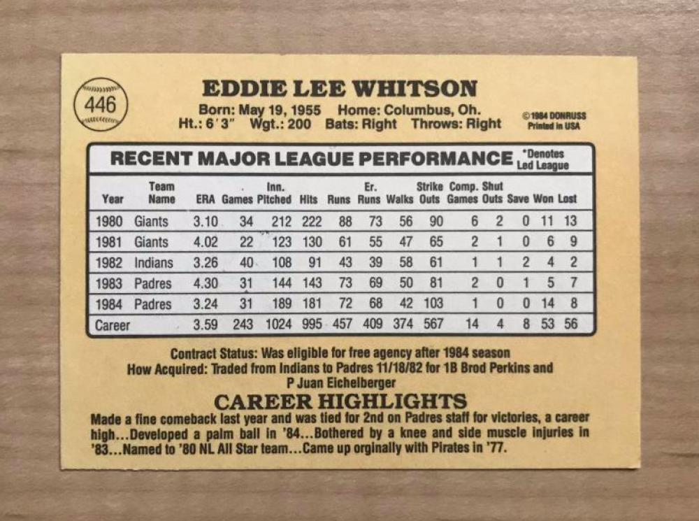 ED WHITSON SAN DIEGO PADRES SIGNED AUTOGRAPHED 1985 DONRUSS CARD #446 W/COA 