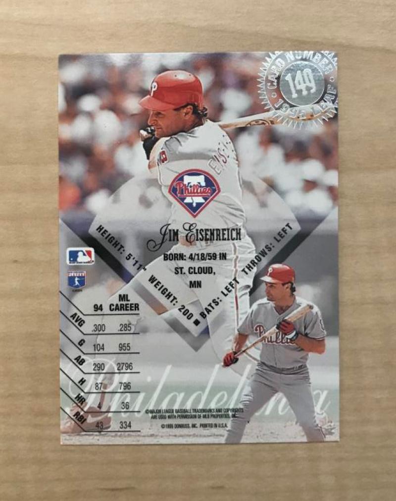 JIM EISENREICH PHILADELPHIA PHILLIES SIGNED 1995 LEAF CARD #149 W/COA