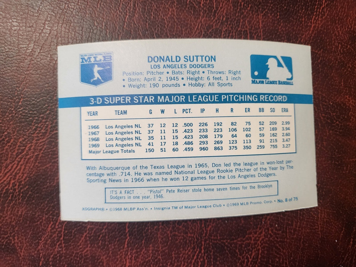 1970 KELLOGGS 3-D DON SUTTON DODGERS HOF #8 BASEBALL CARD VINTAGE NO CRACKS